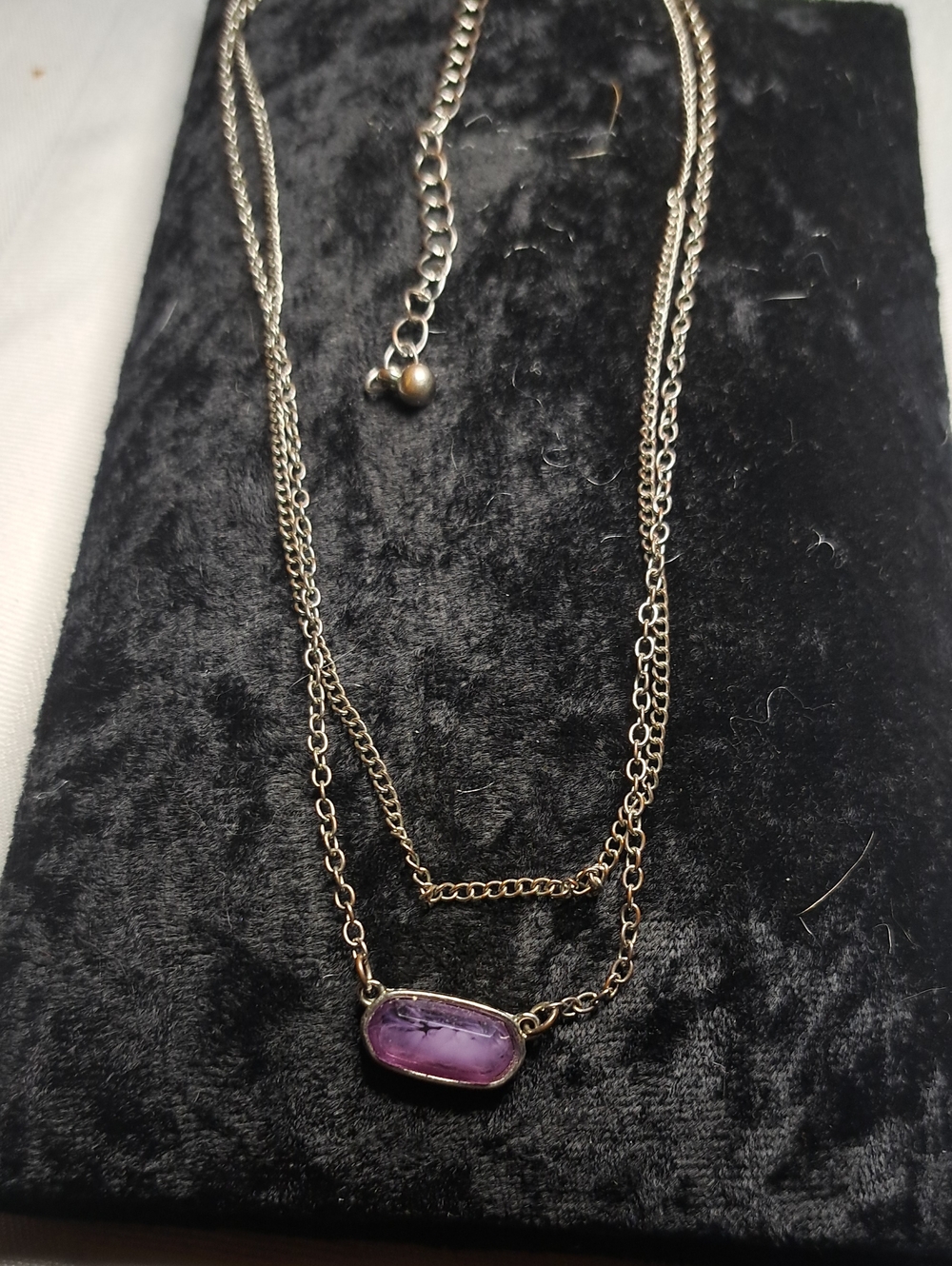 Layered Silver Necklace with Purple Stone Pendant - Women Jewelry